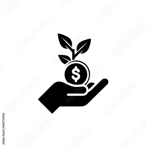 Simple flat icon of a hand holding a coin or currency symbol with a plant or wheat symbol, black color, clean vector style, minimal and modern, transparent