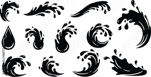 Black Silhouette Water Splashes And Drops Collection liquid fluid