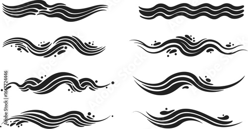 Black Ink Brush Stroke Waves and Swirls Collection water ocean