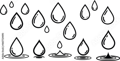 Black Outline Water Drops Falling and Splashing on White Background rain liquid