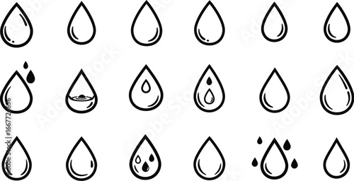 Collection of Black Outline Water Droplet Icons liquid fluid