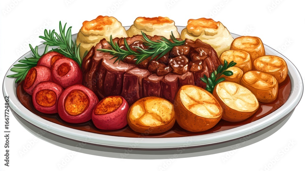 Fototapeta premium Roasted beef, potatoes, gravy, biscuits, cranberries; holiday meal illustration
