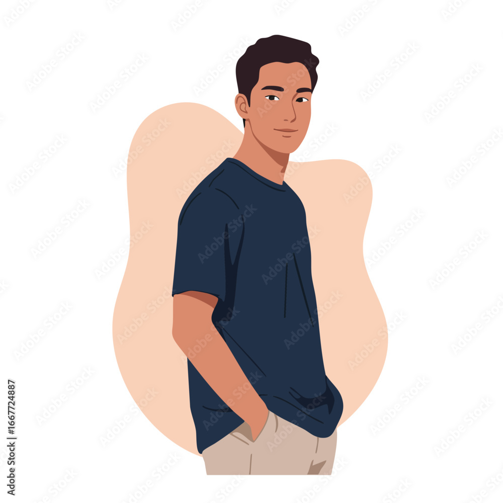 Fototapeta premium Young man standing with hands in pockets wearing navy t-shirt and beige pants casual style vector illustration 