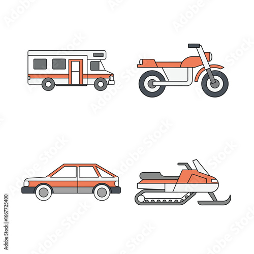 Collection of four diverse transport icons including classic car ambulance tuk tuk and road roller