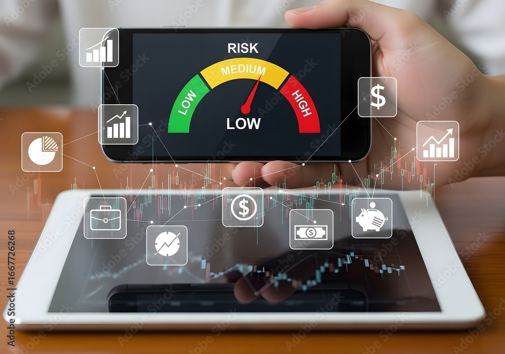Fototapeta premium Hands holding a smartphone displaying a risk gauge with a tablet showing financial charts and icons