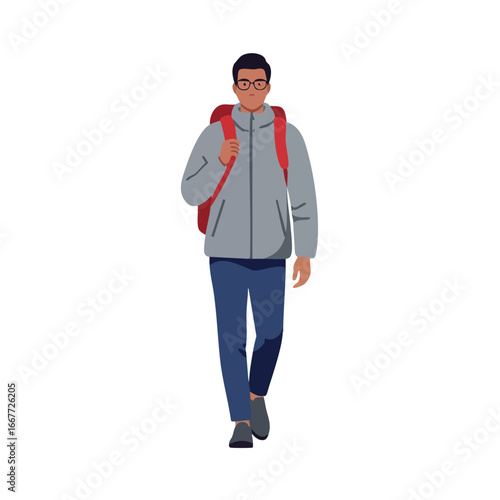 Young man walking with red backpack wearing jacket and glasses casual style vector illustration 