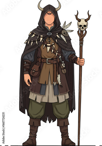Mysterious hooded figure with a skull staff and animal teeth necklace.