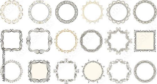 Collection of ornate circular and square frames with intricate designs on a light background
