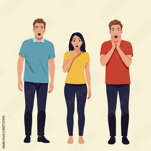 Three surprised people in casual clothes showing shock or amazement with open eyes and mouths in expressive poses vector illustration 