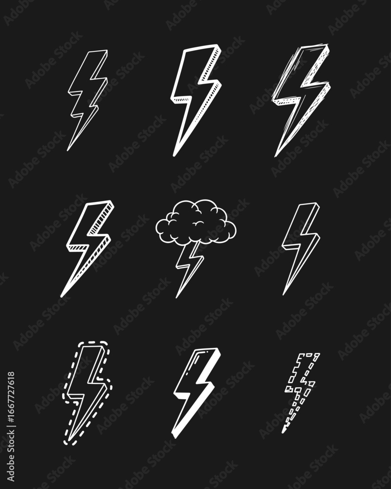Obraz premium Collection of lightning bolt hand drawn doodle thunderstorm and flash icons set