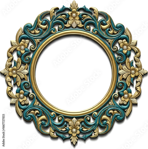 Ornate circular frame with floral and scroll details in gold and teal on a white background
