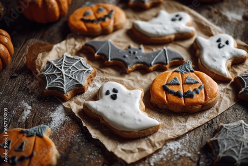 halloween cookies decorated as ghosts pumpkins bats and spiderwebs with icing on rustic paper in cozy light, spooky festive dessert concept of bakery seasonal confectionery promotion