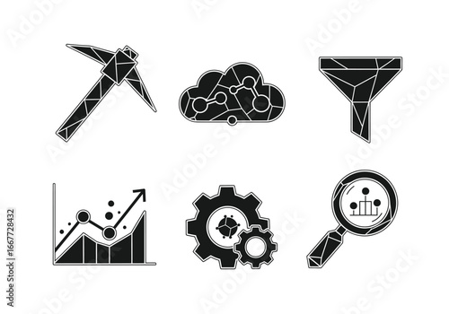 Data mining, cloud computing, funnel, graph, gear, and magnifier icons.