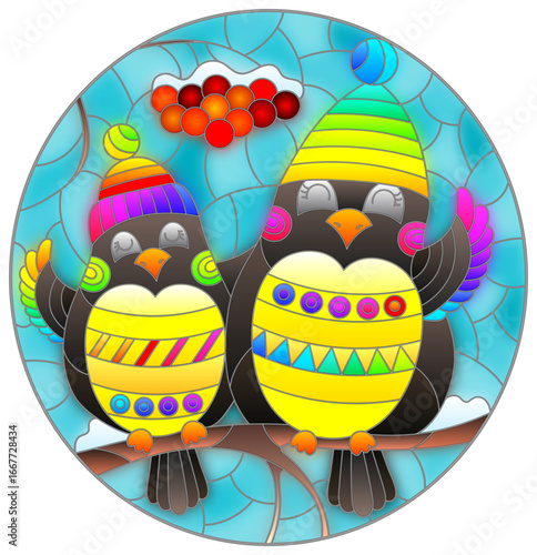 Illustration in the style of a stained glass window with funny birds on the branches of a rowan tree against the sky