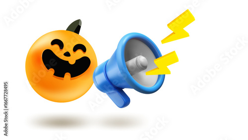 Laughing pumpkin with Loudspeaker. 3d vector illustration