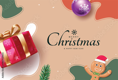 Christmas greeting clipart with a red gift box in golden ribbon, cheerful gingerbread man, pine sprigs, and ornaments on a festive background, perfect for cards, invitations, crafts, and décor vector 