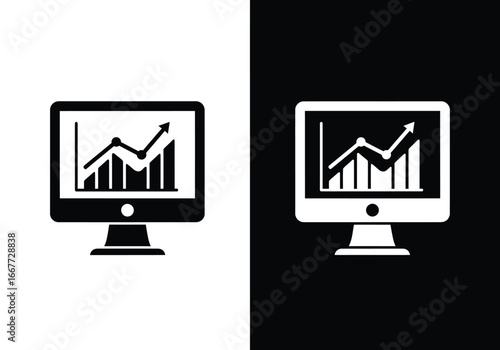 Two identical computer monitors displaying a financial growth chart, one on a white background and the other on a black background.