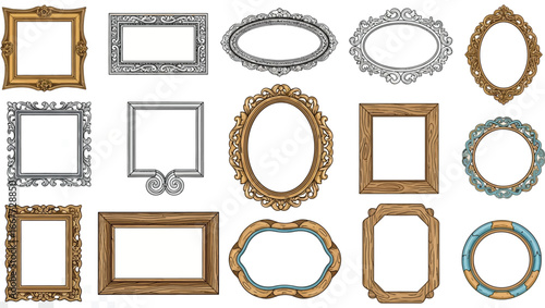 Collection of ornate picture frames in various styles and shapes on a transparent background