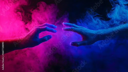 Futuristic neon frozen designs Two hands reaching through colorful smoke. Abstract creative ice photography Glowing neon ice art concepts
