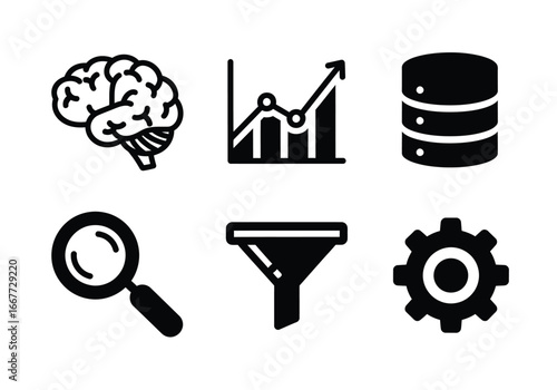 Collection of icons representing data analysis, technology, and information processing concepts.