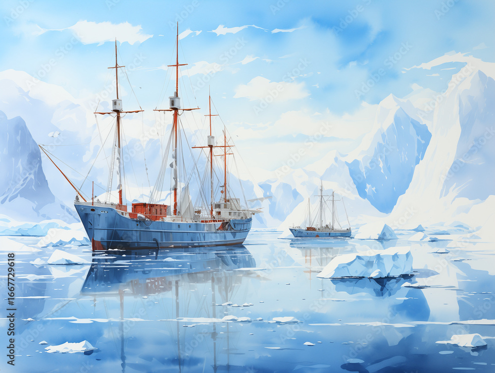Obraz premium Sailing ship in icy arctic waters