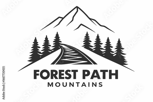 Monochrome Mountain Path With Fir Trees in Clean Minimalist Design