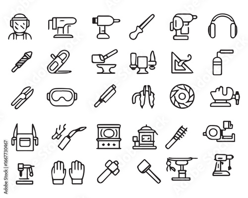 Set of outline icons related to metalworking. Linear icon collection