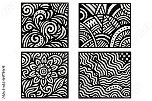 Vector set of four intricate abstract patterns. Black and white monochrome designs with floral, geometric, swirl and wave motifs for modern minimalist decoration or texture.