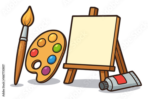 Art supplies for a creative session. Cartoon vector illustration set with paintbrush, artist palette, blank canvas on easel, and paint tube. Concept for painting hobby workshop.