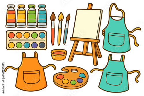 Art supplies set for painting and creative activities. Vector cartoon collection with easel, canvas, brushes, watercolor, palette, paint tubes, and artist aprons.
