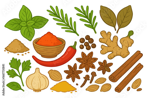 Big set of spices and herbs. Cartoon vector collection. Basil, rosemary, chili, ginger, cinnamon, garlic, anise, cloves. Food ingredients for cooking. Culinary seasoning.