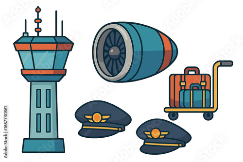 Airport elements vector icon set. Air traffic control tower, jet engine, luggage cart, and pilot hat. Aviation and travel cartoon flat design illustration collection.