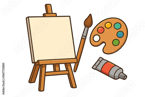 Art supplies set for painting. Wooden easel with blank canvas, artist palette with colors, paintbrush, and paint tube. Creativity, hobby, or art class concept. Vector cartoon illustration.