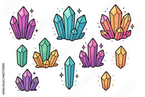 Colorful crystal gems vector set. Collection of cute cartoon magic gemstones. Fantasy mineral stones, jewels icon pack. Shiny sparkling precious rock illustration isolated.