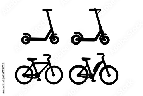 Electric scooter and bicycle black silhouette icon set. E-bike and kick scooter symbols for modern urban mobility and eco-friendly transport. City rental and sharing service concept.