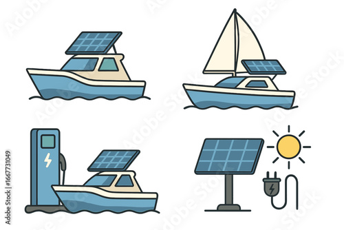 Solar powered boat icon set. Electric yacht with panels at charging station. Concept of renewable, sustainable, green energy for eco-friendly water travel and transportation. Vector cartoon.