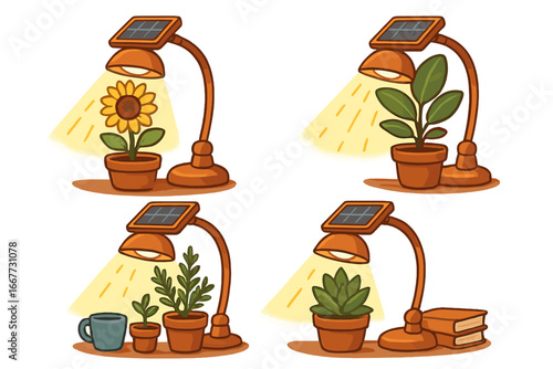 Solar powered desk lamp for indoor plants. Vector set for sustainable living and green energy concepts. Eco-friendly grow light cartoon illustration collection on transparent background.