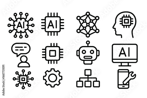 AI technology outline icon set. Artificial intelligence, machine learning, robot, and neural network thin line vector icons. Digital brain, chatbot, processor and algorithm symbols.