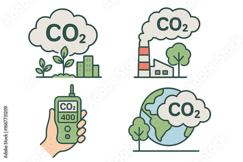 CO2 emissions & carbon footprint icon set. Climate change, global warming, air pollution concepts. Factory, nature, earth globe & gas detector. Ecology vector illustration.
