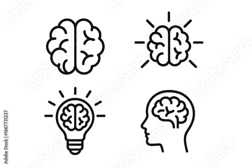 Brain mind outline icon set. Cognitive and intelligence symbols. Neural line icons for creativity, innovation, and ideas. Vector illustration of head, lightbulb, brainstorm.