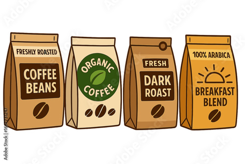 Set of vector coffee bags. Packaging design collection for various blends and roasts. Organic, arabica, dark roast, and breakfast blend concepts. Isolated paper bag mockup.
