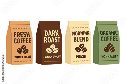 Coffee bags vector collection showing different packaging designs. Set includes fresh, dark roast, morning blend, and organic coffee. For whole bean or ground arabica beans.