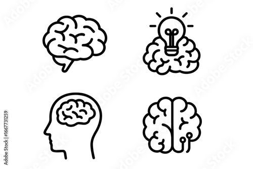Brain and mind outline icon set. Cognitive, intelligence, and neural line icons for creativity, innovation, and ideas. Human head, AI, and psychology symbols. Vector.