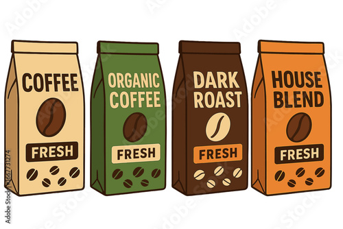 Coffee bag packaging mockup set. Vector illustration of various fresh coffee blends. Organic, dark roast, house blend labels. Coffee bean icon. Product pouch design concept.