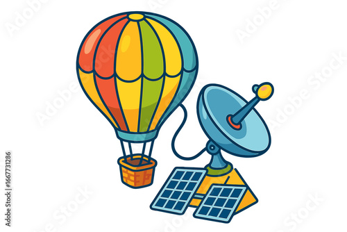 Hot air balloon with satellite dish powered by solar panels. Concept of green energy, communication, broadcasting, data transmission. Sustainable technology vector cartoon.
