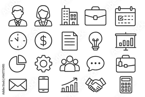 Business and office line icon set. Corporate professional icons with outline style. Finance, management, communication, teamwork, and data analysis vector pictograms collection.