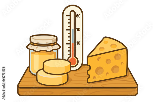 Cheese storage at optimal temperature. Food preservation concept with thermometer. Dairy product and honey jar on a wooden board. Vector cartoon illustration for gastronomy.
