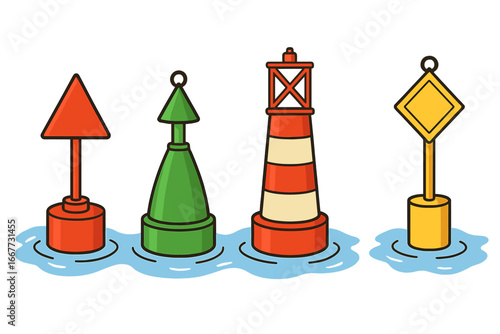 Navigational buoys and sea markers vector icon set. Nautical channel safety signs for boat and ship routing. Maritime traffic control symbols. Cartoon illustration collection.