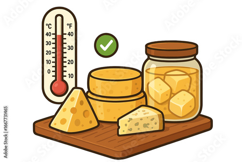Proper cheese storage and preservation vector concept. Assortment of different cheeses with thermometer for optimal temperature control. Food safety and aging cartoon illustration.