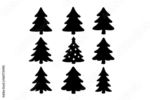 Set of black Christmas tree silhouette icons. Collection of pine, fir, and spruce symbols for winter holidays. Vector graphic elements for xmas celebration and festive decoration.